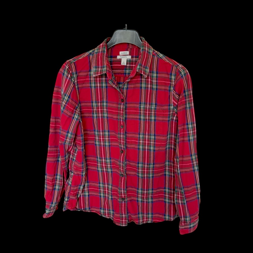 LL Bean Womens Relaxed Fit Red Plaid Flannel Shirt‎ Cotton Sz L Regular